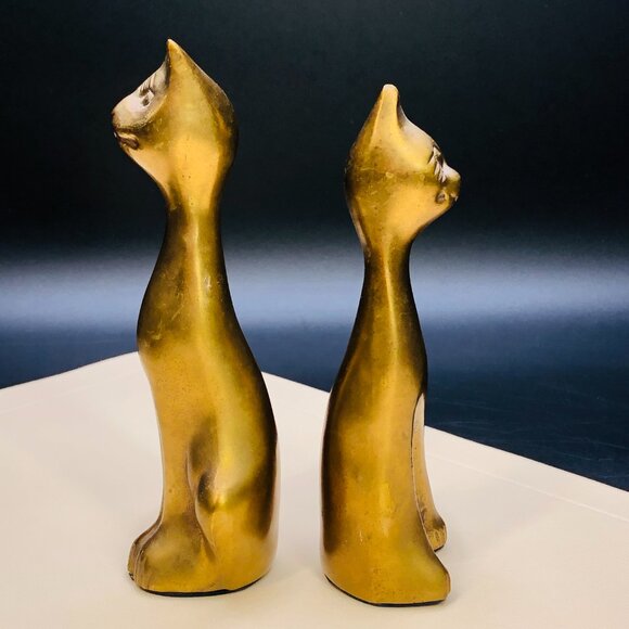 80s Brass Long Neck Alley Cat COUPLE Figurines Set, Vintage Gold Tone Statuettes - Picture 4 of 11